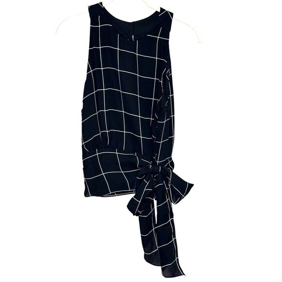 MILLY Top Size 4 Lauren Black White Check Print Silk Sleeveless Lined Tie Waist - Picture 2 of 9